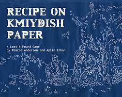 Recipe on Kmiydish Paper game, blue cover, solo journaling food history by Pearse Anderson & Aylin Erkan.