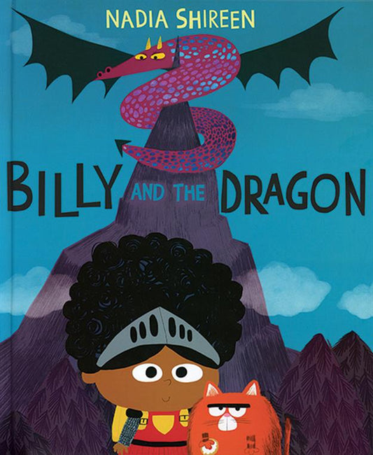 Billy and the Dragon book cover featuring Billy, Fatcat, and a dragon atop a mountain.