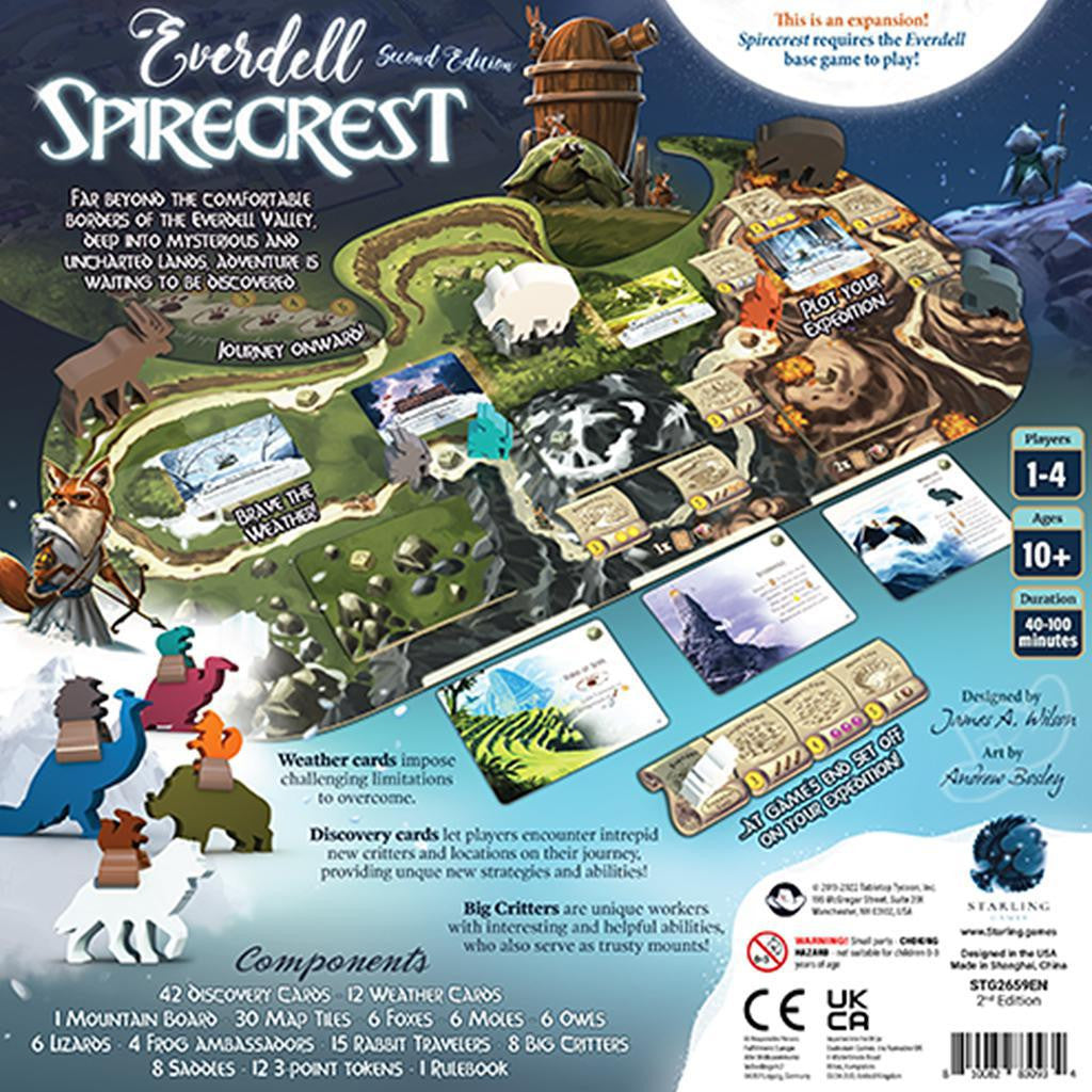 Everdell: Spirecrest Expansion box with animals, game pieces, and feature details shown.