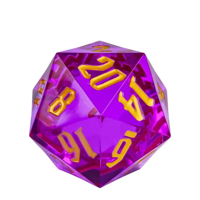 55mm Titan D20 Sharp Edge Dashing Prince die, translucent purple with yellow numbers, on white background.