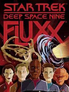 Star Trek: Deep Space Nine Fluxx card game featuring main characters on an illustrated, space-themed cover.