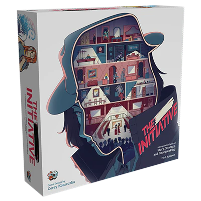 The Initiative cooperative board game box featuring visual storytelling and silhouette room illustrations.