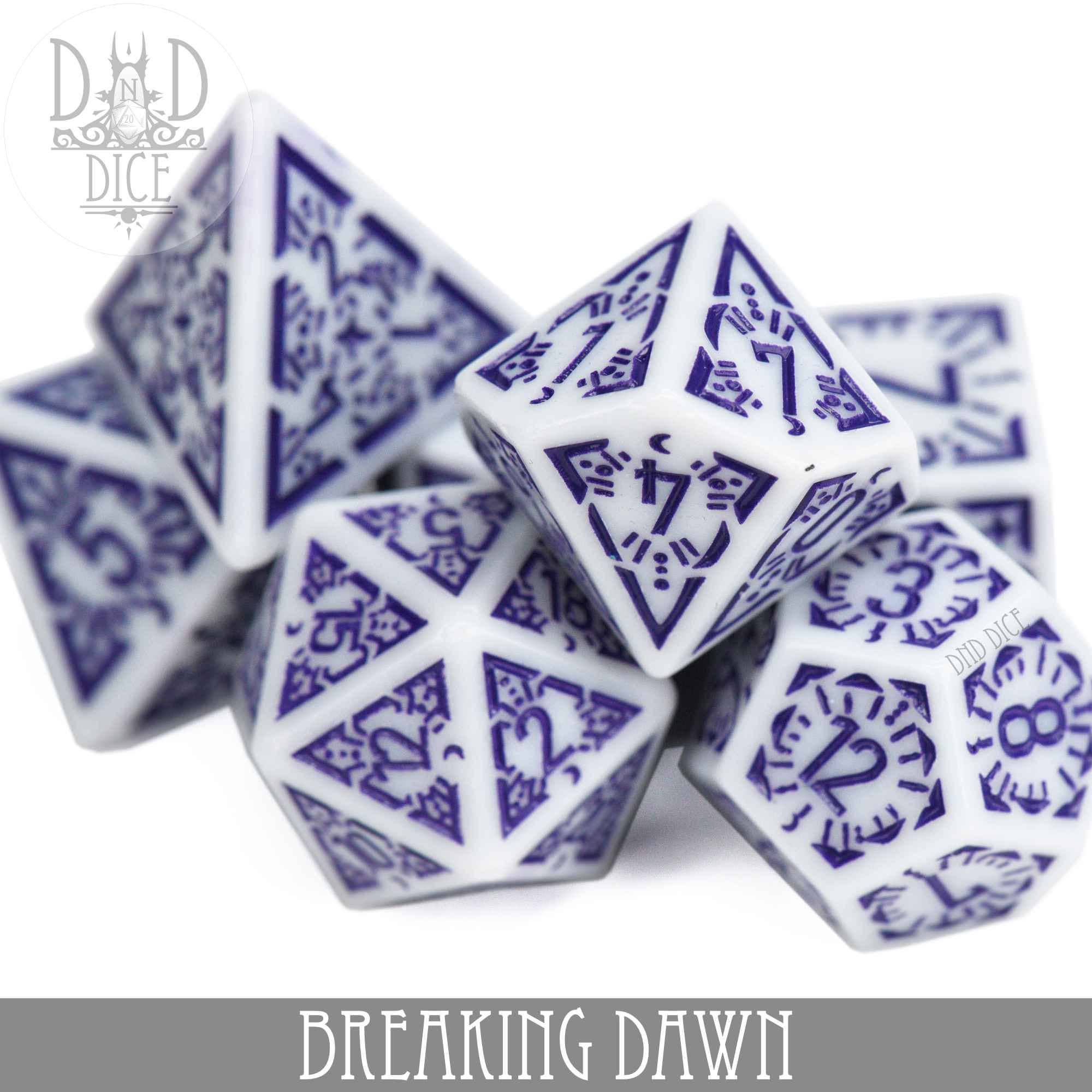 Breaking Dawn 7-piece white acrylic DND dice set with blue designs by DnD Dice.