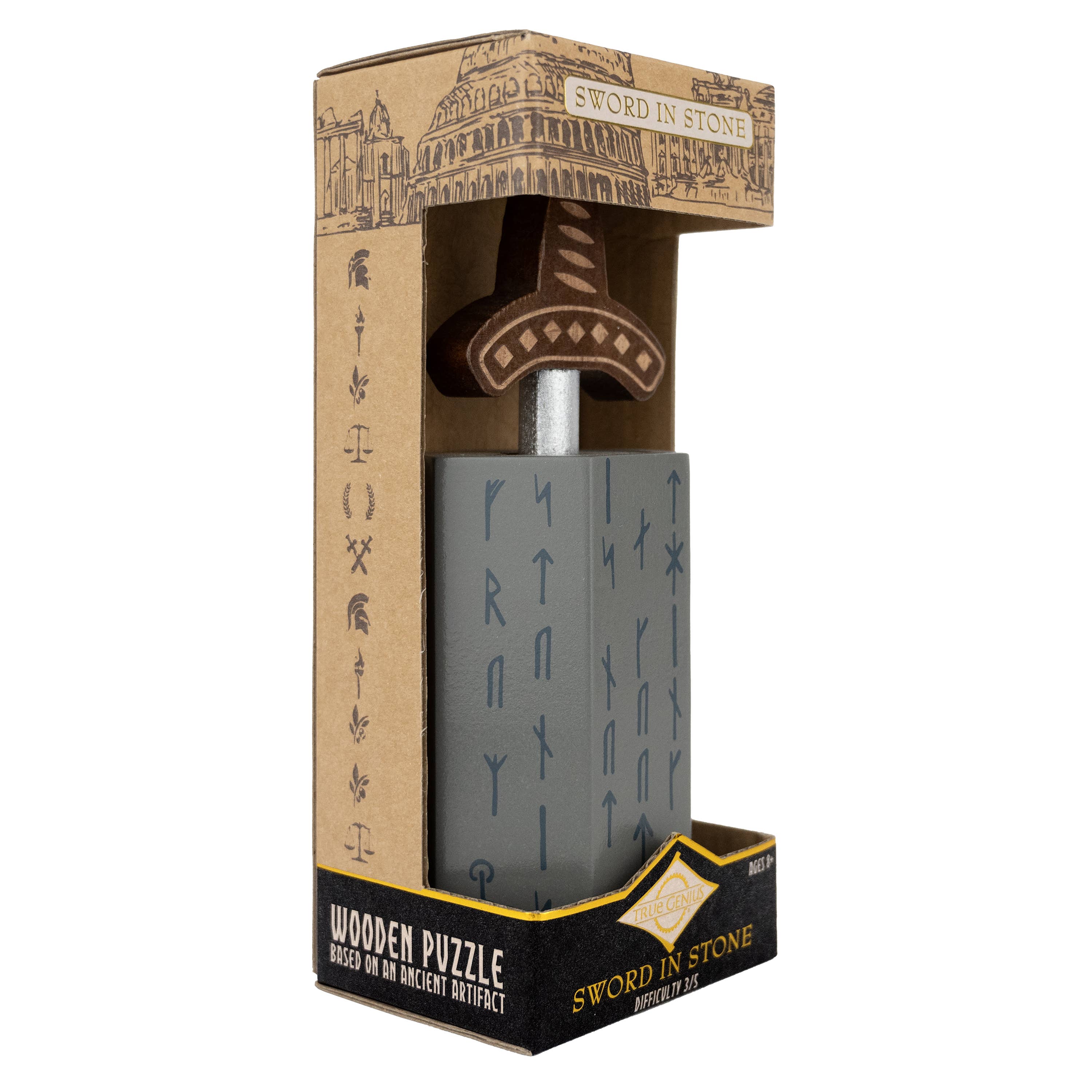 True Genius Sword in the Stone wooden brainteaser puzzle featuring ancient runes and illustrations.