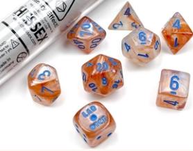 Orange Lab Dice with blue numbers next to a clear tube labeled CH-SEX.