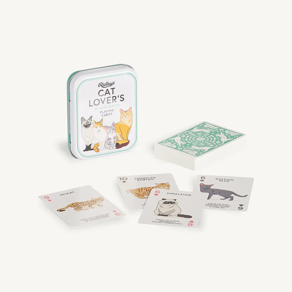 Cat Lovers Playing Cards tin with illustrated cat-themed playing cards.