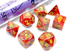 Seven red and yellow polyhedral dice with Lab Dice Tube.