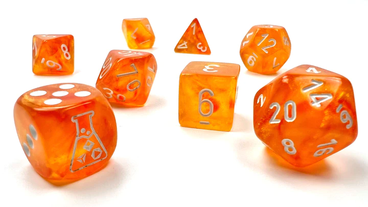 Orange polyhedral dice with white numbers packaged in a Lab Dice Tube.