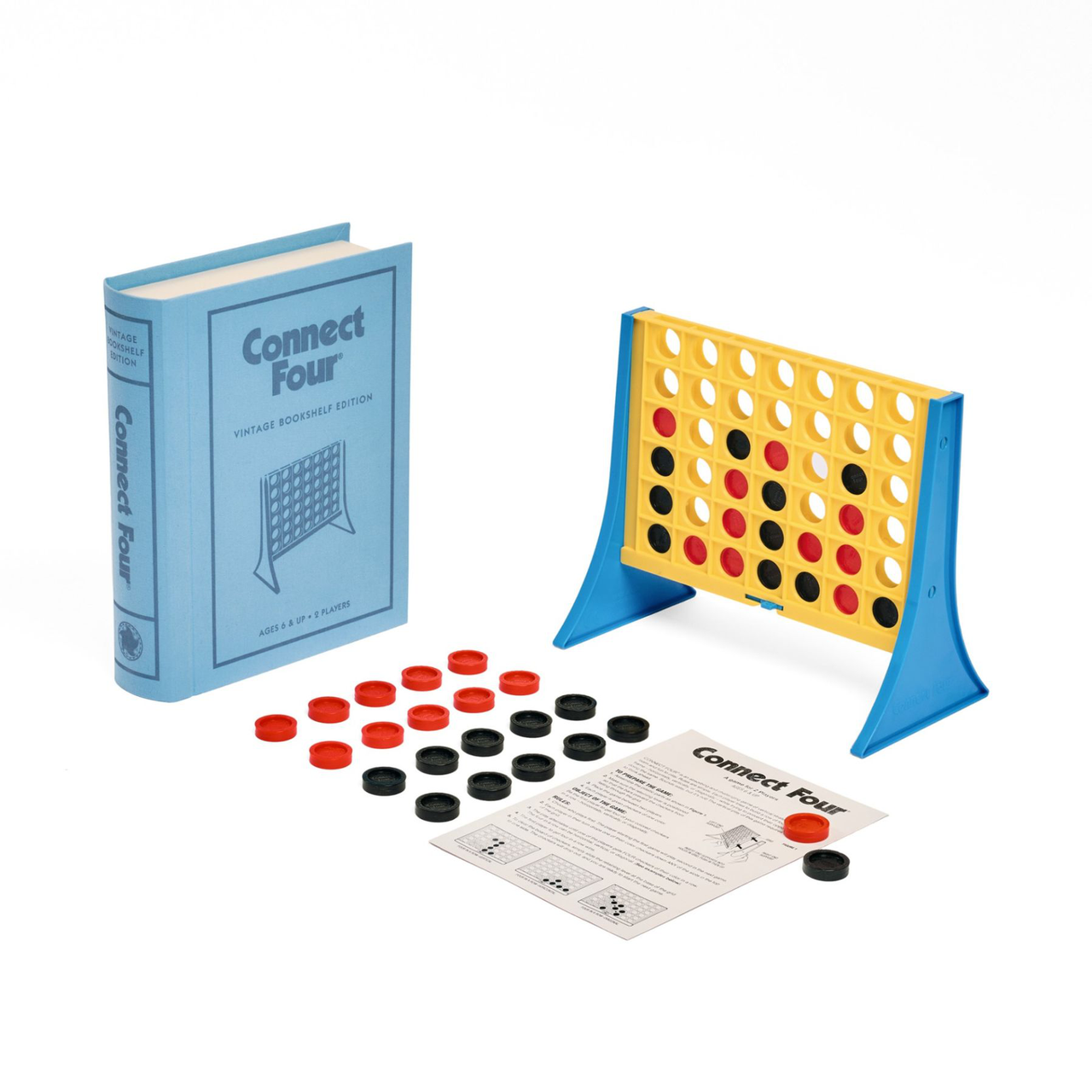 Connect Four Vintage Bookshelf Edition with blue book box, grid, red and black discs, and instructions.
