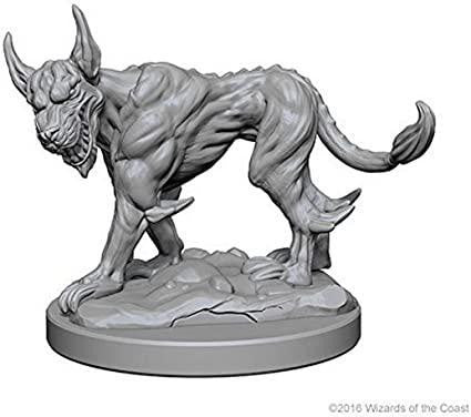 Unpainted D&D NMU Blink Dogs W1 miniature, suitable for tabletop gaming, ready for painting.