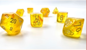 Lab Dice Tube with yellow dice showing numbers and a beaker symbol.