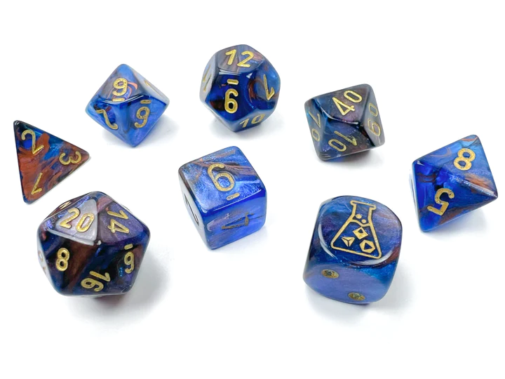 Set of 7 blue tabletop RPG dice with gold numbers.