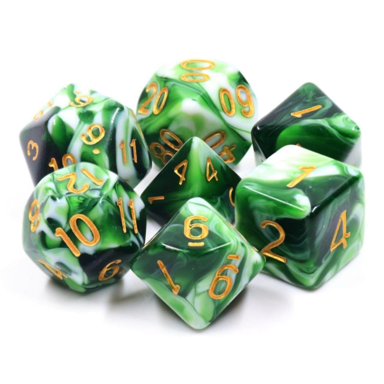 Jadeite RPG Dice Set with seven green, black, and white marbled dice featuring gold numbers for D&D games.
