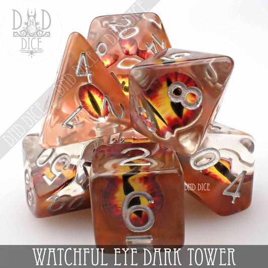 The Watchful Eye - Dark Tower set: 7 translucent resin dice with eye designs for tabletop gaming.