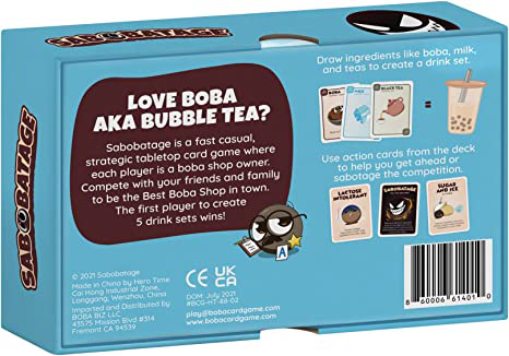 Back of Sabobatage: The Boba Card Game (2nd Edition) box showing game description, cards, and bubble tea graphic.