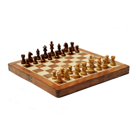 Travel Magnetic Wood Folding Chess Set, 7-inch, with pieces in starting positions on a white background.