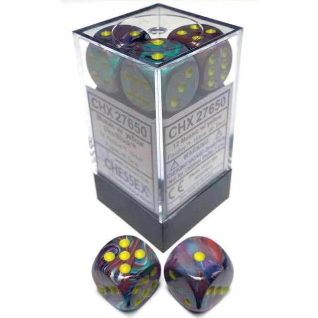 Chessex Festive Mosaic/Yellow 12d6 dice set in clear box, with two D6 dice displayed in front.