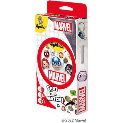 Spot It Marvel Eco game box with Marvel Super Heroes faces and Spot It family game logo.