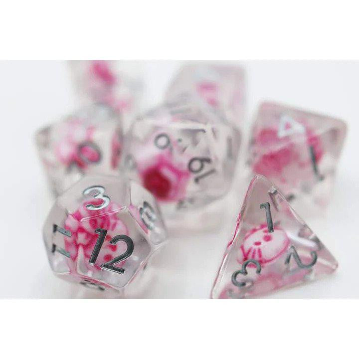 Anime Kitty RPG Dice Set featuring clear polyhedral dice with black numbers and small pink flowers.