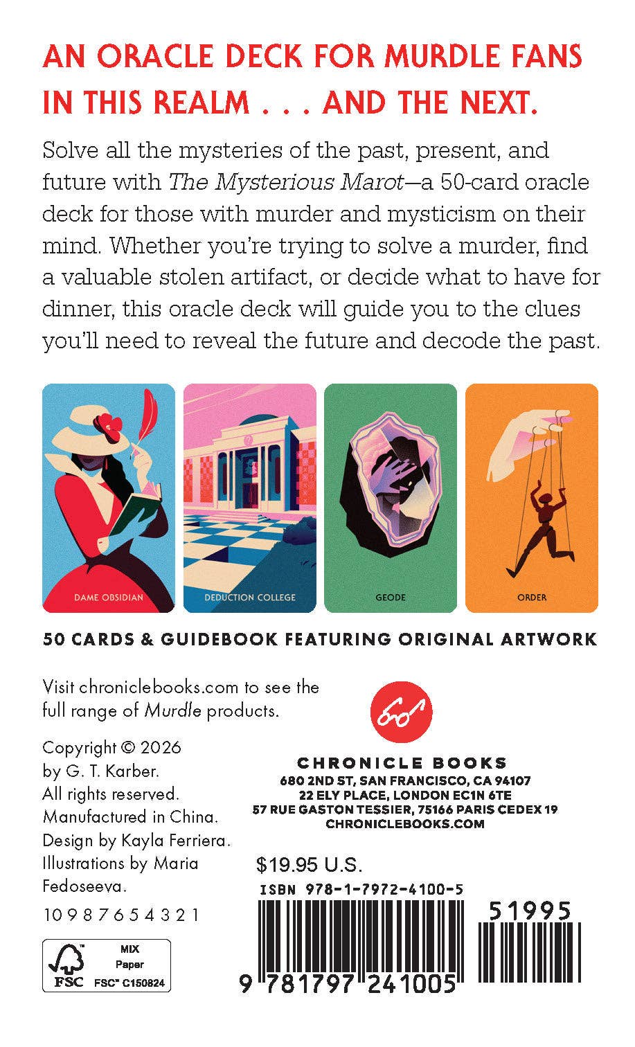 Murdle Oracle Deck with four colorful murder mystery cards, each featuring distinct stylized artwork.