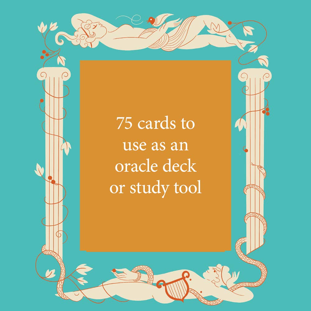 Mythos Deck with 75 illustrated Greek mythology oracle cards, ornate frame, orange background, teal border.