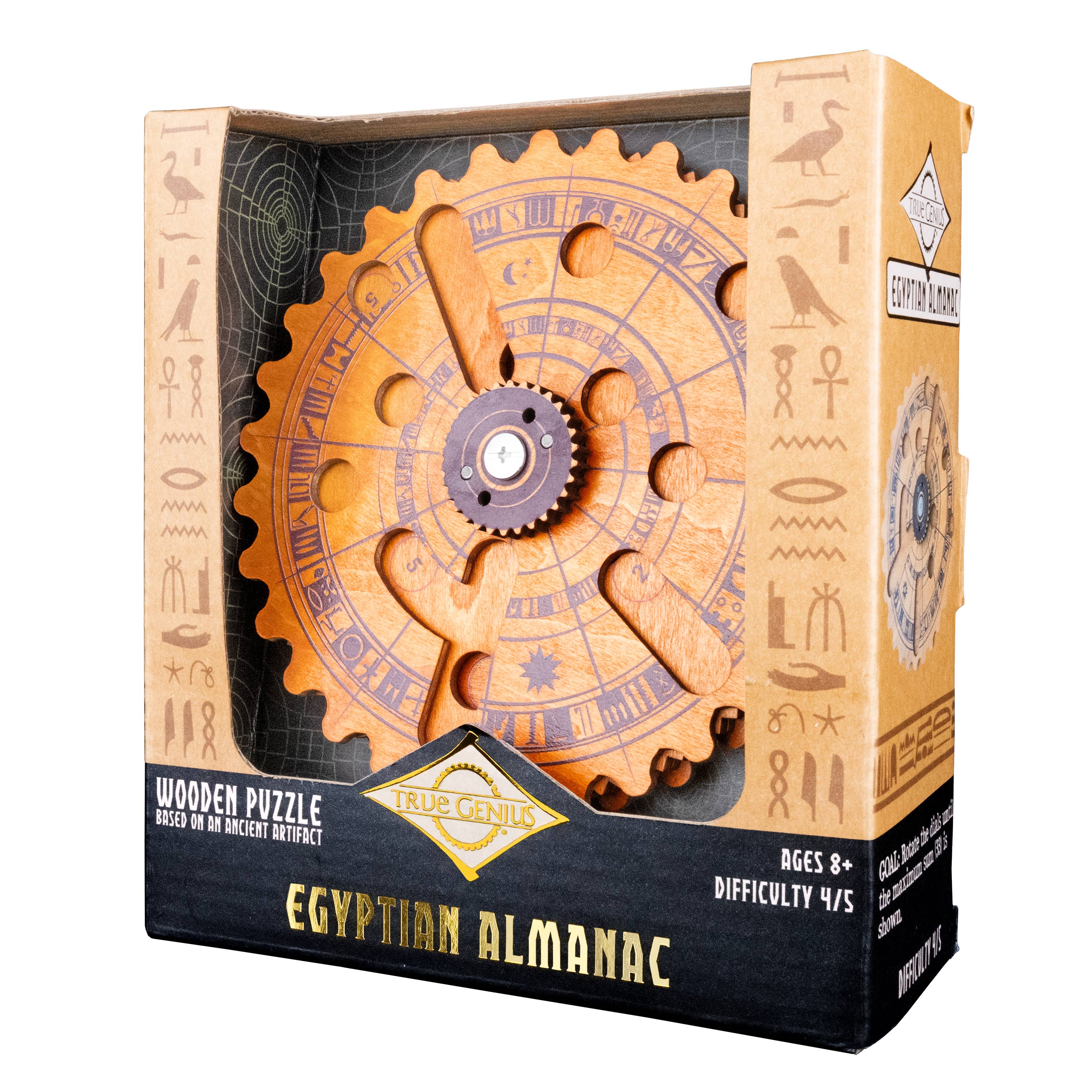 Egyptian Almanac Mathematical Brainteaser, circular wooden puzzle with gear-like pattern and hieroglyphic symbols.