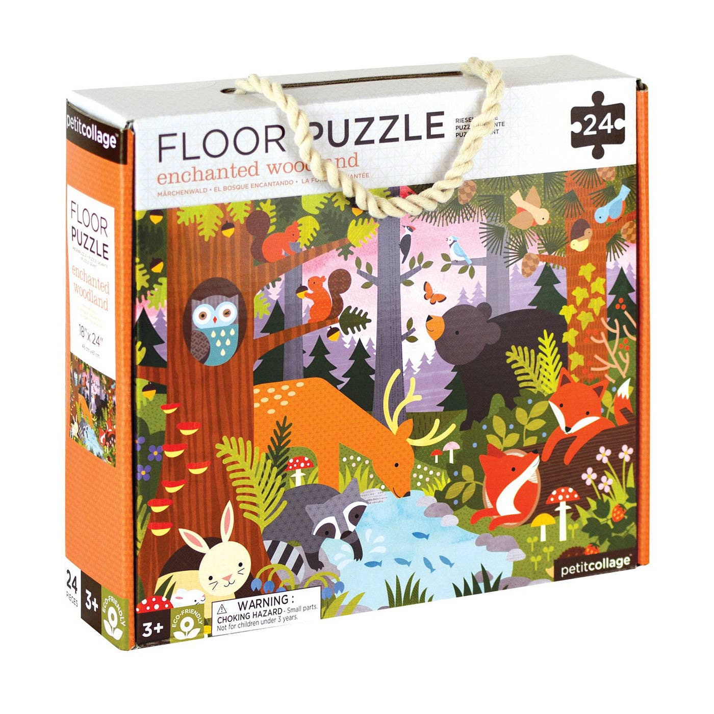 Enchanted Woodland 24-piece floor puzzle box with forest animals and rope handle for toddlers.
