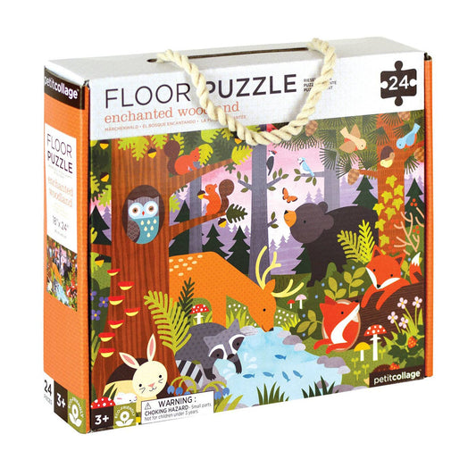 Enchanted Woodland 24-piece floor puzzle box with forest animals and rope handle for toddlers.