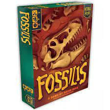 Fossilis board game box featuring a dinosaur skull with red, green, and yellow accents.