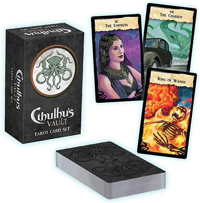 Cthulhus Vault Tarot Card Set with box, deck, and 3 Rider-Waite cards: The Empress, The Chariot, King of Wands.