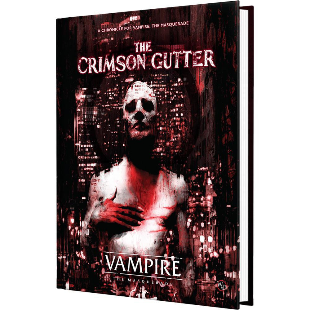 Crimson Gutter Chronicle book cover with skull-faced figure and shadowy cityscape background.