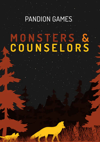 Monsters & Counselors-themed product featuring a fox and raccoon in a nighttime forest under stars.
