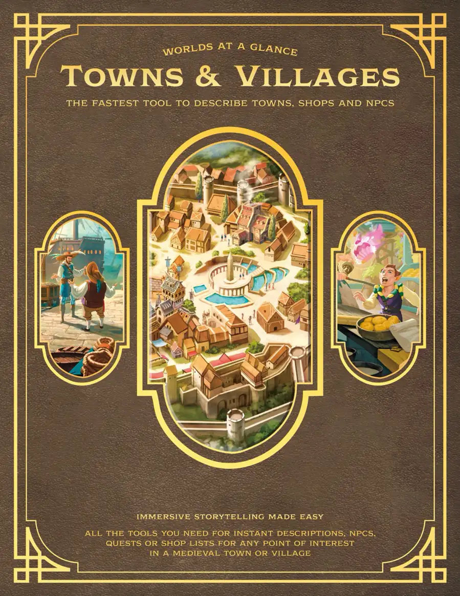 Worlds at a Glance: Towns and Villages product cover featuring illustrated medieval towns and NPC characters.