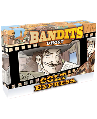 Colt Express Bandit Pack: Ghost Expansion showing the Ghost bandit cartoon with mustache and hat.