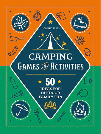 Camping Games and Activities book cover featuring the title and icons, promotes 50 outdoor games for kids.