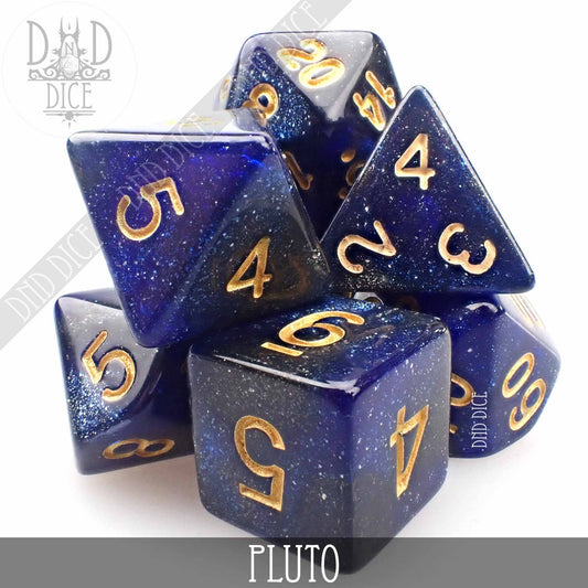 Blue glitter polyhedral dice set with gold numbers, standard size, labeled Pluto.