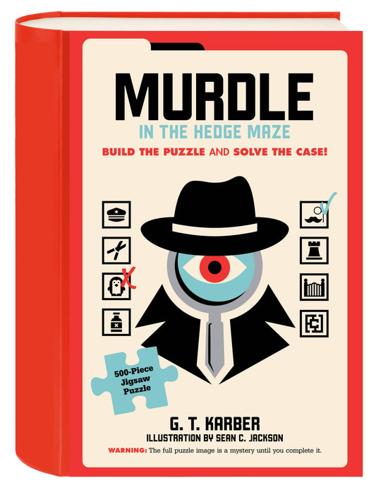 Murdle in the Hedge Maze 500-piece jigsaw puzzle featuring detective silhouette, icons, and logic puzzle motif.