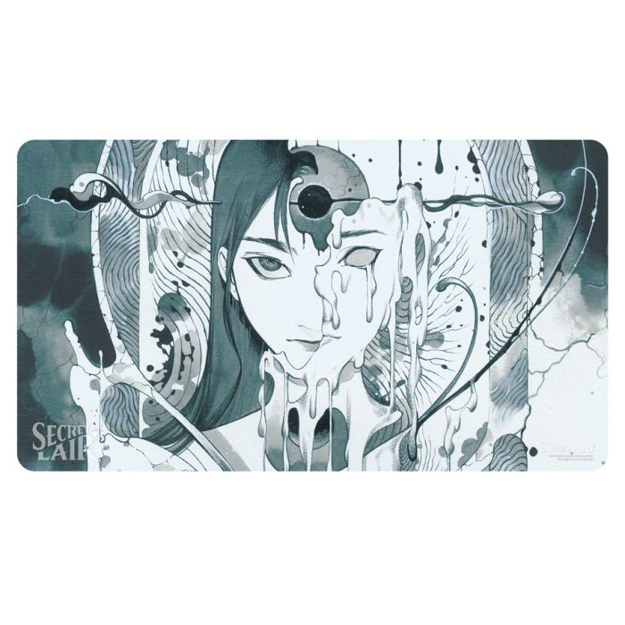 MTG Secret Lair Playmat, Deep Thoughts Deep Feelings variant, features surreal black and white womans face art.