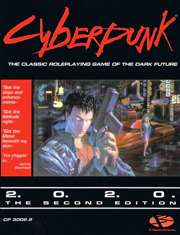 Cyberpunk 2020 game cover with title, a man holding a gun, city background, quotes, and logos.