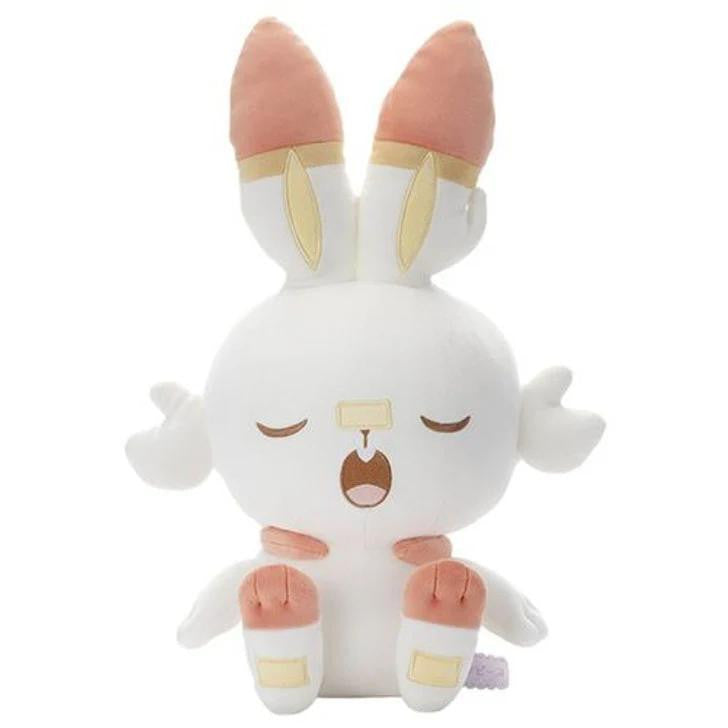Scorbunny Plush Poke Peace Goodnight Version, white bunny with closed eyes and beige accents, from Pokémon Sword & Shield.