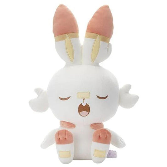 Scorbunny Plush Poke Peace Goodnight Version, white bunny with closed eyes and beige accents, from Pokémon Sword & Shield.