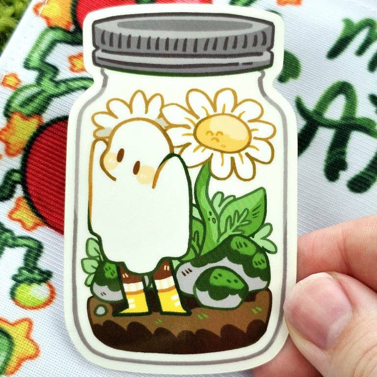 Daisy Ghost In A Jar Transparent Sticker with a ghost in striped socks, flowers, daisy, and sun.