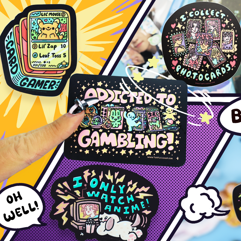 Card Gamer TCG CCG vinyl sticker held in hand, surrounded by cartoon anime and game-themed stickers.