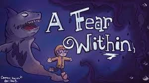 A Fear Within title with illustration of a child in a yellow coat running from a monster on dark blue background.