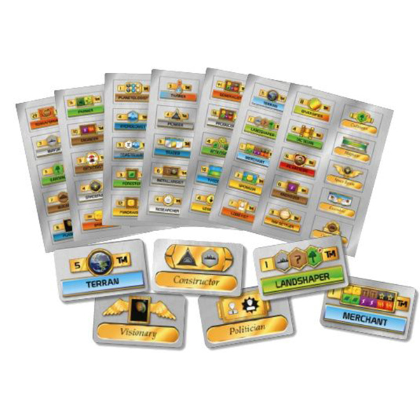 Terraforming Mars: Milestones and Awards game tiles with icons, labels, colors, and titles including Terran and Merchant.