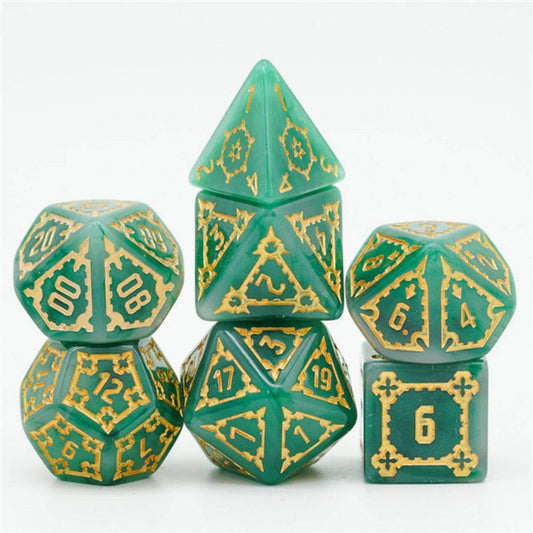 Huge Green Castle Dice Set 25mm: seven green and gold polyhedral dice for Dungeons and Dragons.