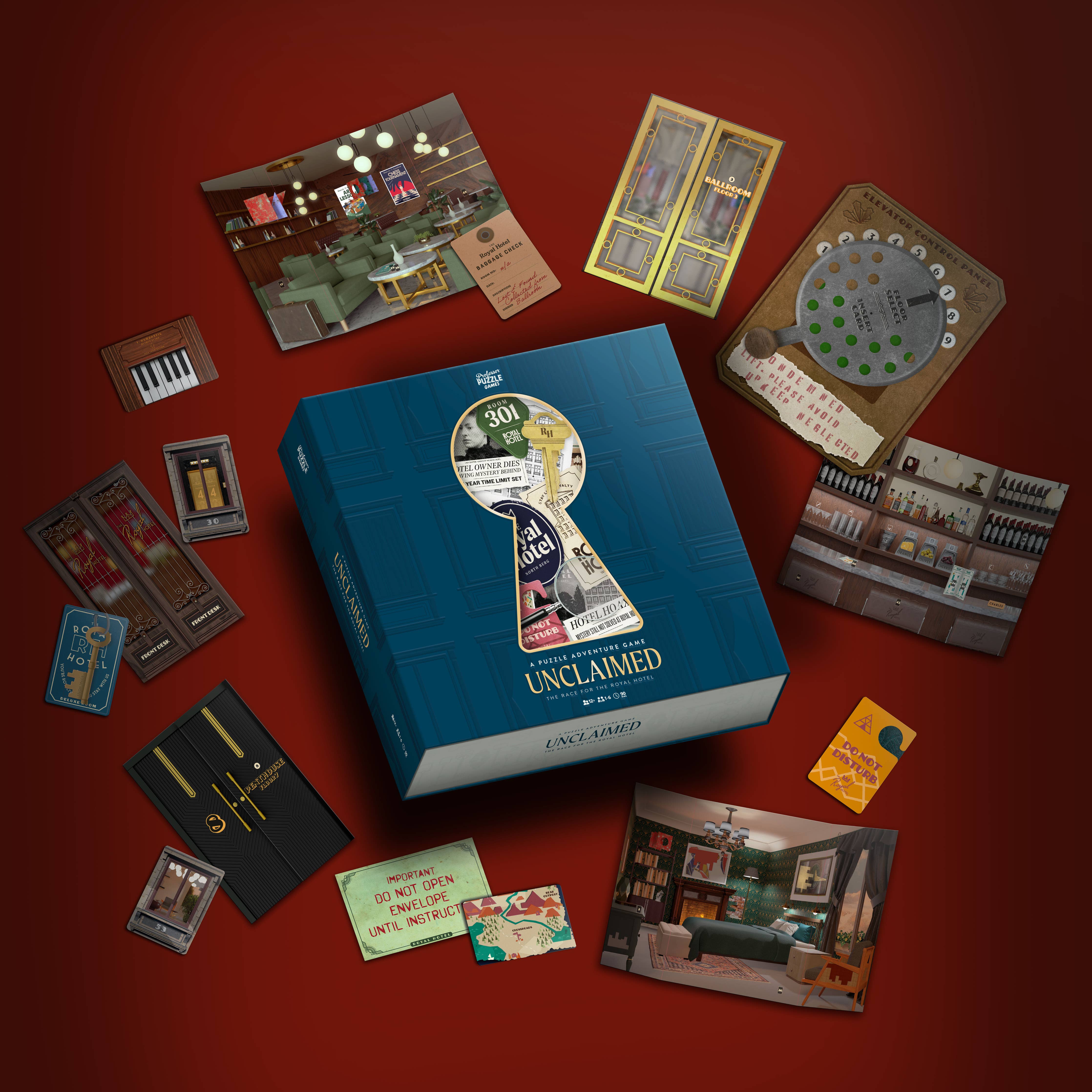 Unclaimed adventure game box, cards, room prints, and a circular dial.