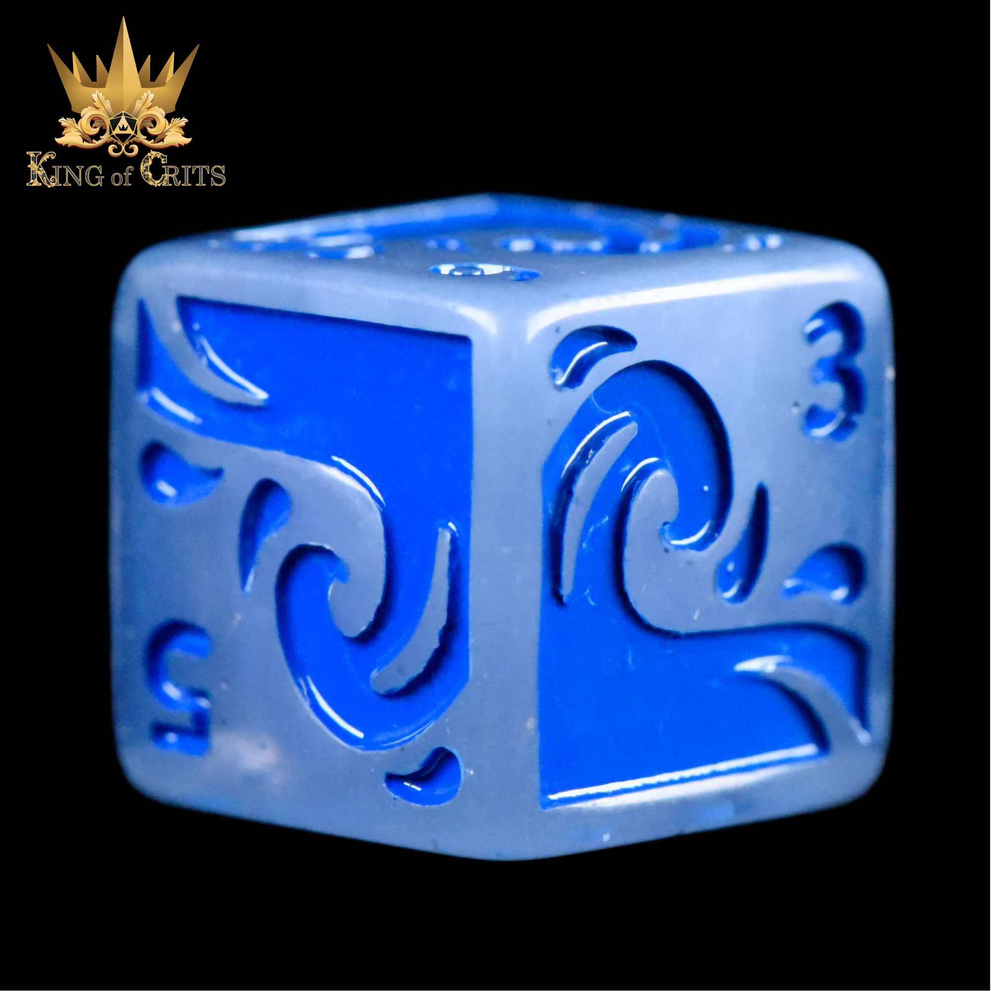 Forces of Nature 4D6 Set: Blue resin six-sided dice with wave designs, numbers, and King of Crits logo.