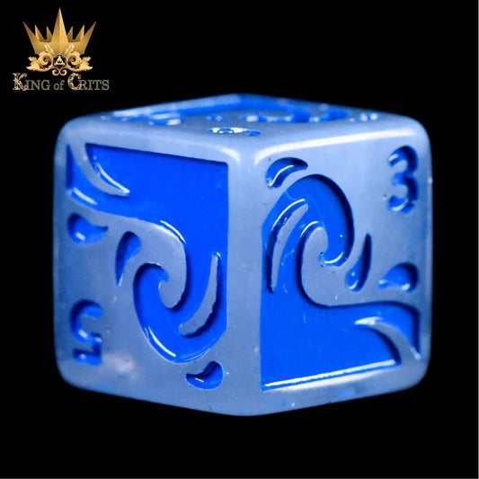 Forces of Nature 4D6 Set: Blue resin six-sided dice with wave designs, numbers, and King of Crits logo.