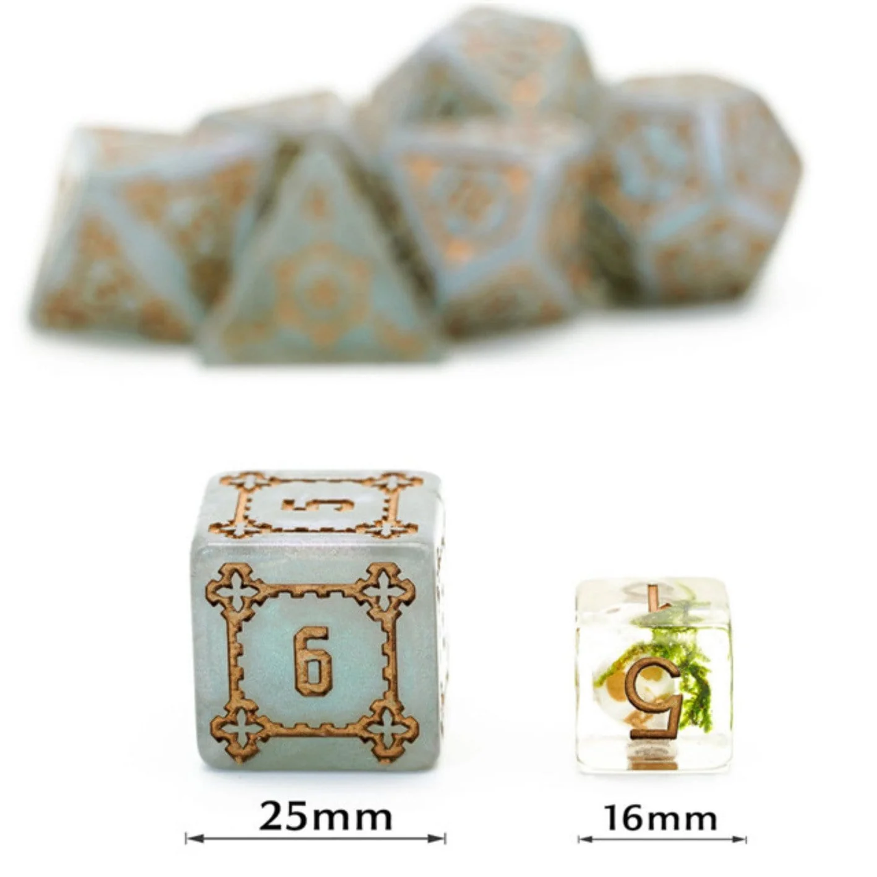 Large gray Castle die (25mm) and small clear die with gold numbers and plant inside (16mm).